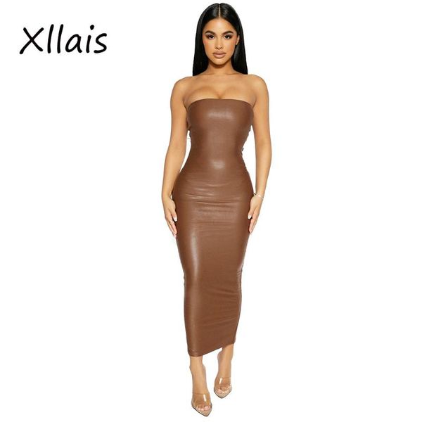 

casual dresses xllais women strapless split bodycon vestidos pu leather brown nigh club party brithday elegant maxi robes, Black;gray