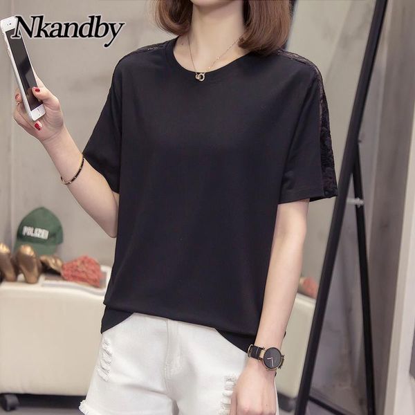 

women's t-shirt plus size clothing women tshirt 2021 fashion loose short sleeve t shirt oversize lace patchwork solid color korean fem, White