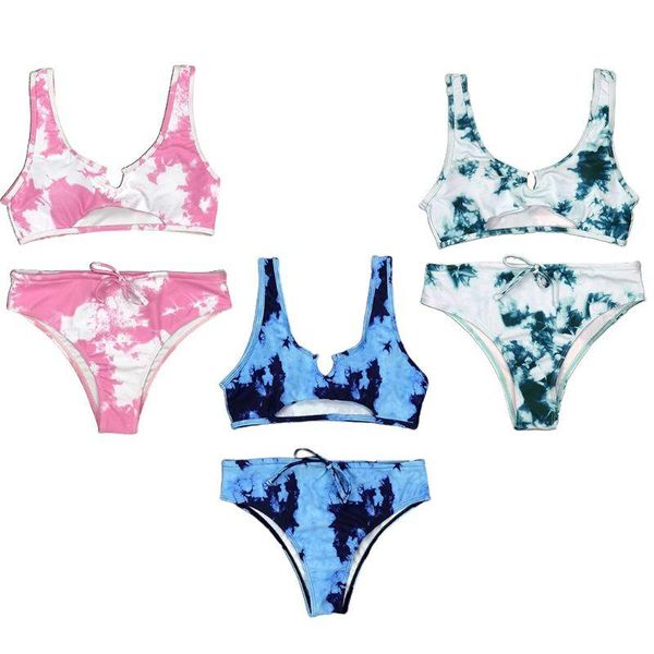 

women gradient tie-dye bikini set hollow out high waist drawstring swimsuit