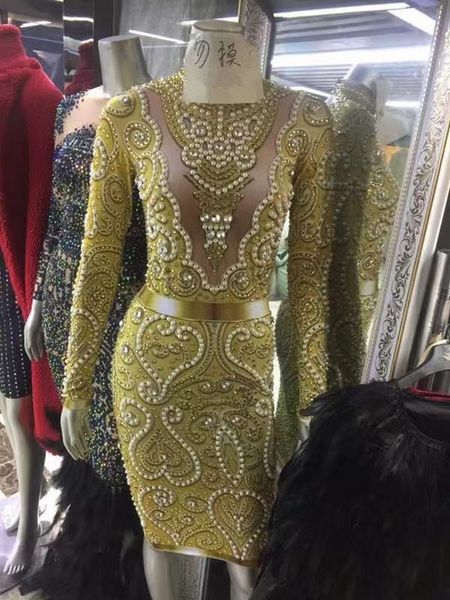 

new gold/gray 2021 prom short full beads long sleeves see through mini formal party evening gowns robe de soiree 962c, White;pink