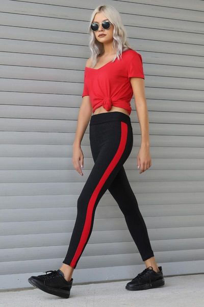 

women's leggings black high waist lycra red striped st001
