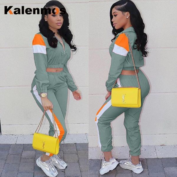 

women's two piece pants tracksuit women jackets patchwork kalenmos joggers pencil suits spring fall tracksuits outfit plus size s-3xl, White