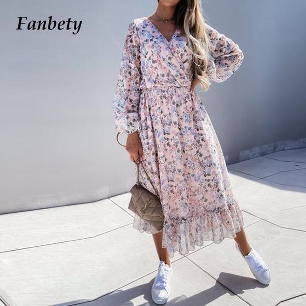 

casual dresses 2021 autumn elegant floral print wrap v neck party dress women long sleeve ruffle maxi office lady loose, Black;gray
