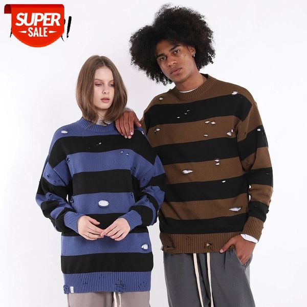 

crew neck sweaters 2020 striped pattern winter fashion ripped hole streetwear pullover jumper knitted sweater female male #4o3f, White;black