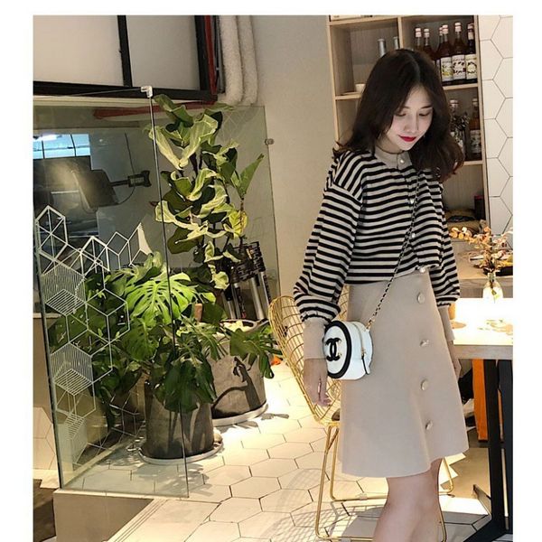 

2021 new korean women's knitting suit, striped printed sweater + fashion knitted sweater, two piece soft skirt 3g8c, Black