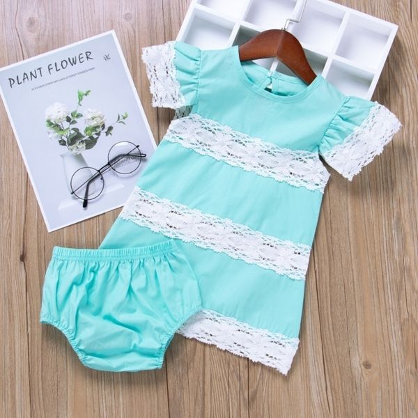 

2021 ins baby clothes spring summer lace patchwork flying sleeve t-shirt + shorts pp pants newborn infant two piece fashion outfits h23n1vu, Blue