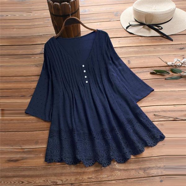 

new fashion women summer vintage jacquard linen three quarter lace v-neck plus size shirt casual blouse #4j04 wholesale, White