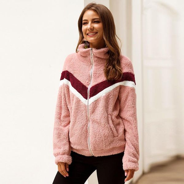 

autumn winter geometric print women jacket coat zipper up large size 2xl fluffy warm outwear 2021 lady coats female clothing, Black;brown