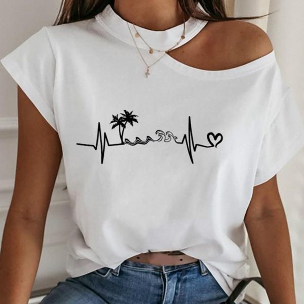 

women's t-shirt 5xl choker neck casual t shirts women female cold shoulder loose tees plus size tshirts kawaii love print blusa m0101, White