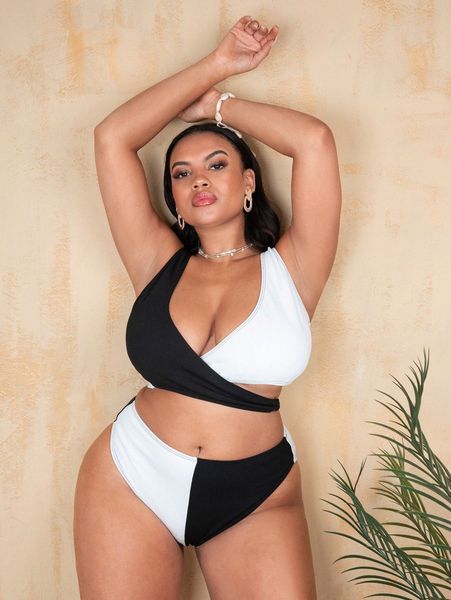 

plus two tone crisscross bikini swimsuit l7uc#, Black
