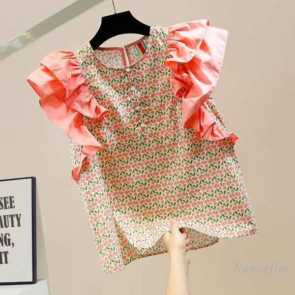 

women's blouses & shirts sweet three-dimensional ruffled woman round neck pullover floral shirt sleeveless all-matching blusas, White