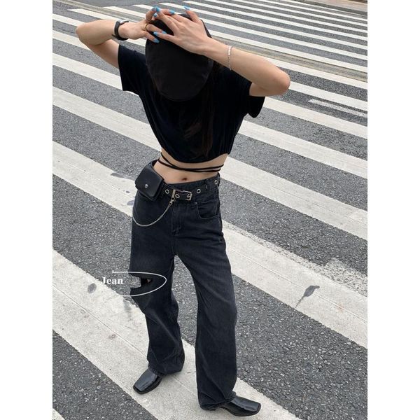 

women's jeans 2021 fashion girls loose high waist black broken street, Blue