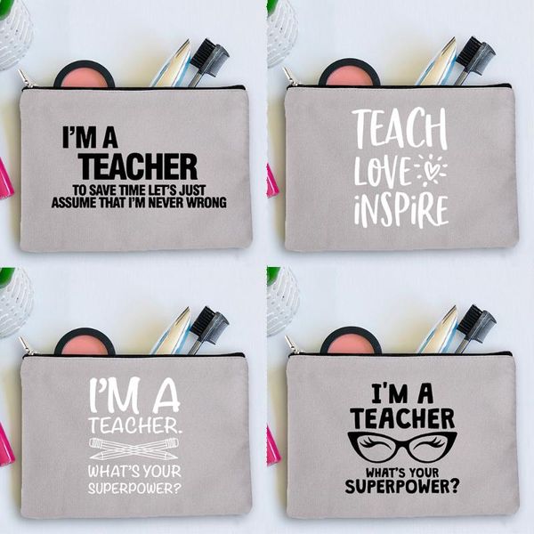 

cosmetic bags & cases i am a teacher women canvas gray fashion zipper makeup pouch travel handbag organizer teacher's day gifts