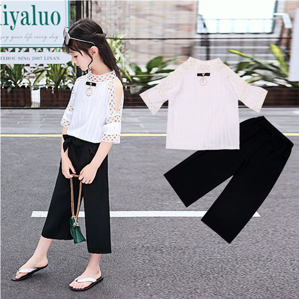 

2021 new suit assemblies for teenage short sleeve hollow t-shirt -baggy pants led 2 bun summer girls assembly 4-5 6 8 9 10-11 13 t 5zi8, White