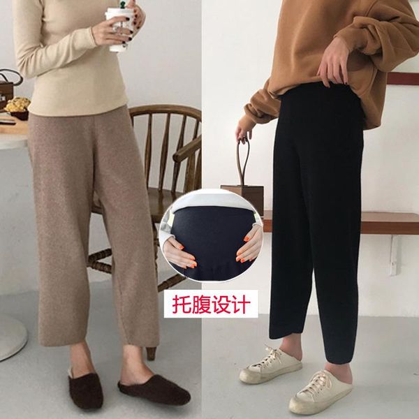 

maternity bottoms 5540# winter thick warm knitted pants 9/10 straight wide leg loose elastic waist belly clothes for pregnant women, White