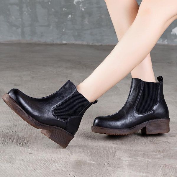 

boots vallu original leather booties shoes woman 2021 autumn england style female vintage handmade thick heel ankle, Black