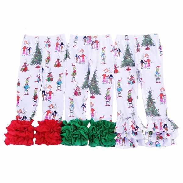 Novas Meninas Leggings de Natal Crianças Meninas Bell Bottoms Icing Ruffle Calças Christmas Grinch Impresso Dress Kids Feriado Roupas 210303