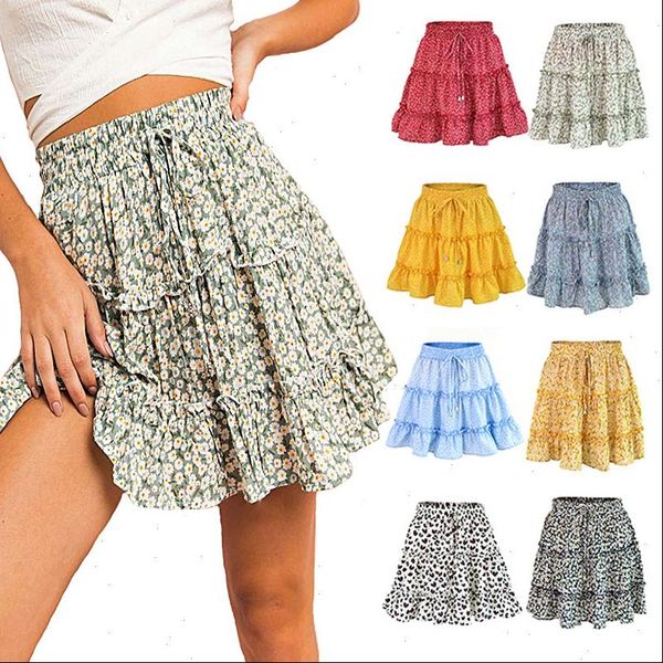 

floral half length skirt printed beach a short mini skirts new women fashion high waist frills skirt for women, Black