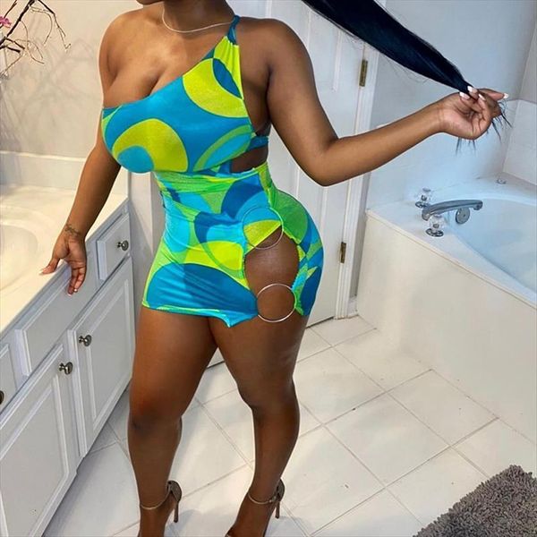 

club 2 pcs set women tracksuits one shoulder hollow out and bandage mini ring skirt summer colorful print asymmetric, Gray