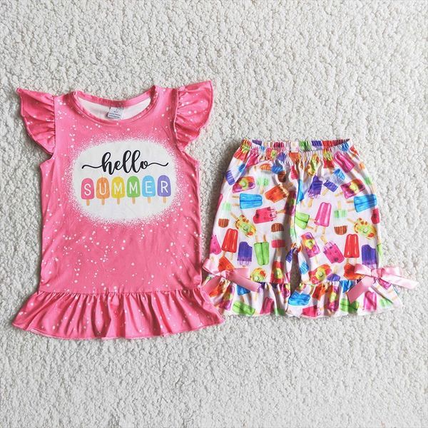 

cute girl flying sleeve and ruffle short clothing set toddler kids hello summer letters outfit with popsicle, White