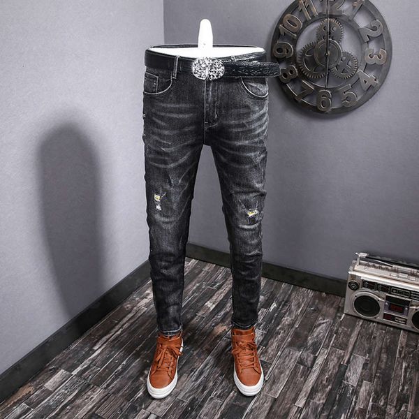 

spring and autumn black grey jeans men's hole fashion korean straight slim stretch pants, Blue