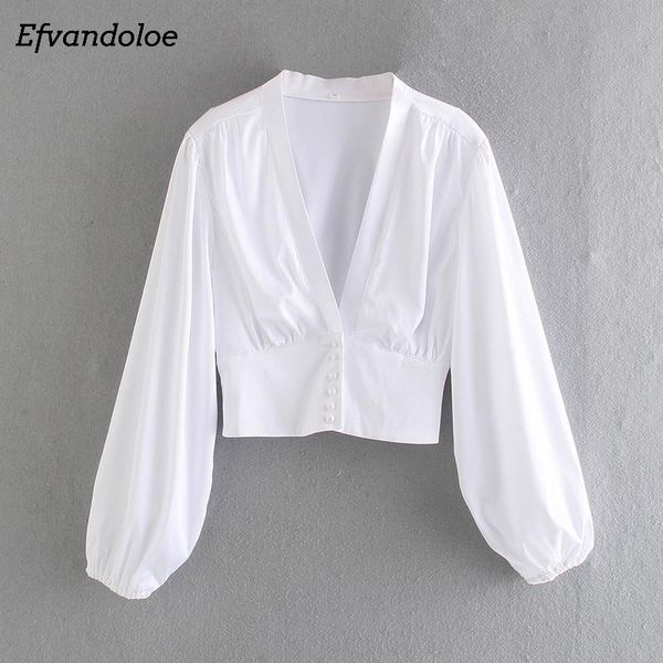 

women's blouses & shirts women white satin beading buttons 2021 spring autumn lantern sleeve loose v-neck cropped