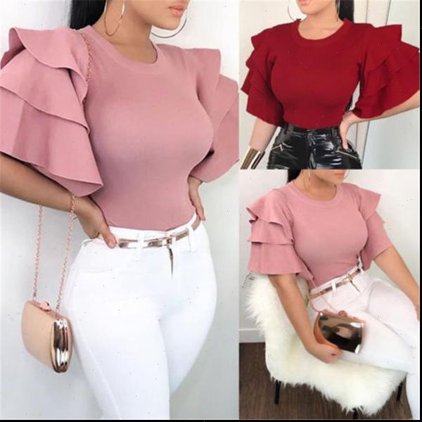 

new women summer blouse plus size flare sleeve ruffles blouses ol work solid color women ladies shirts, White