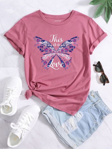 

butterfly & slogan graphic tee p6nl#, White