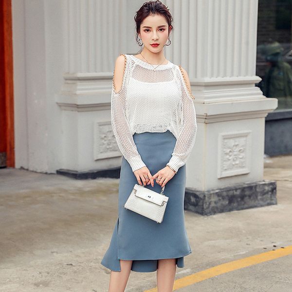 

autumn spring comfortable women sets temperament knit perspective off shoulder and slim trumpet skirt te3b, Black