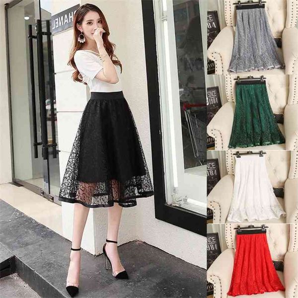 

summer high-waist mesh tulle skirt hollow lace thin simple versatile women a-line big swing 210527, Black