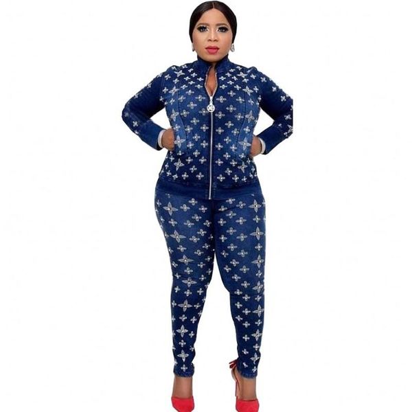

ethnic clothing denim african clothes women 3 piece set tank jacket and pants suit fashion stick diamond jeans outfits, Red