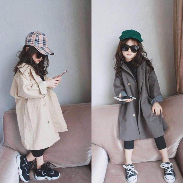 

coat long style girls baby's windbreaker jacket outwear 2021 spring autumn buttons cardigan children's clothing, Blue;gray