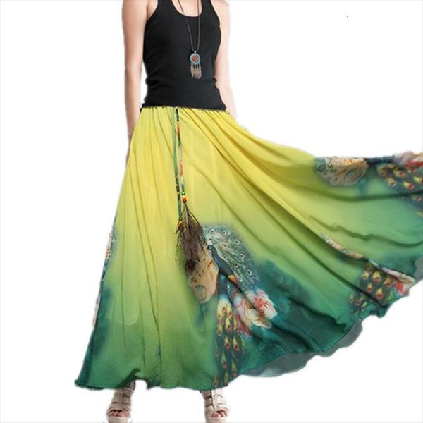 

long bohemian chiffon quality women skirts colorful print summer clothes beach fashion boho casual elegant maxi, Black