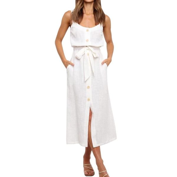 

casual dresses women sleeveless v-neck button front midi dress solid color crinkled belted high waist slim sundress with pockets, Black;gray