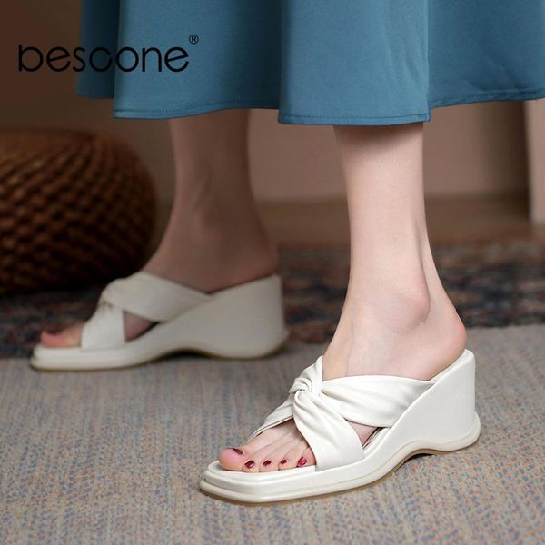 

slippers bescone summer women casual wedges outside genuine leather cross platform fashion female chunky shoes eo173, Black