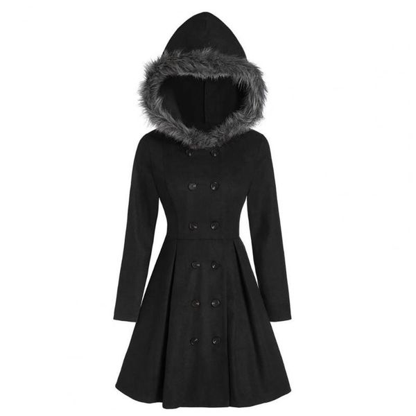

women's wool & blends large hem double breasted women coat autumn winter clothes jacket plush hooded solid color elegant outerwear, Black