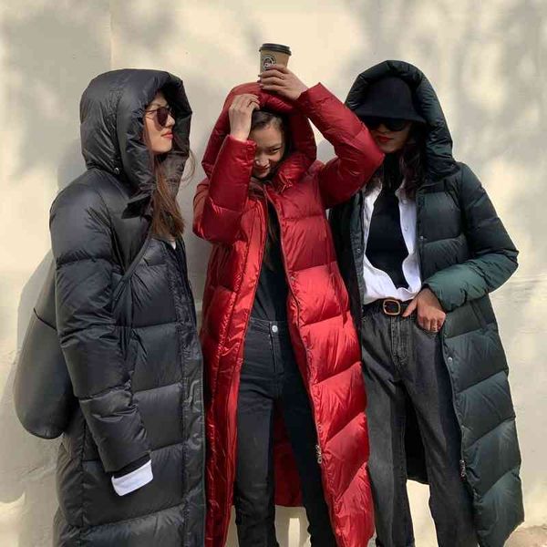 

thickened 300g white goose down hooded jacket women's long 2021 autumn and winter new slim knee, Black