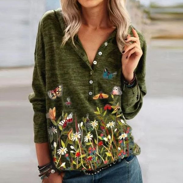 

butterfly floral print vintage womens blouses v neck loose pullover spring autumn long sleeve streetwear blusa, White