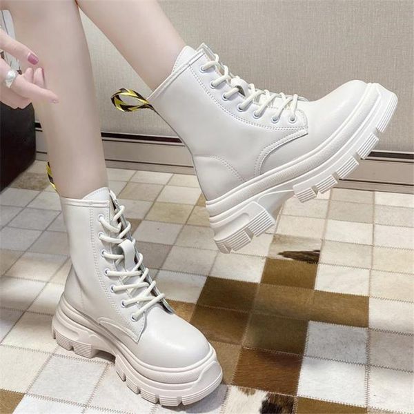 

boots women modern ladies shoes for 2021 autumn british style round toe mid-calf cross-tied female platform, Black