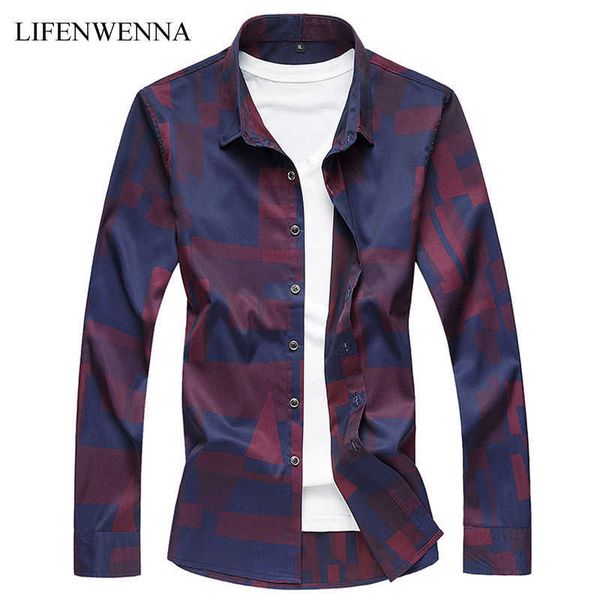 

autumn men's shirt fashion plaid printed long sleeve shirt mens clothes trend casual business shirt men plus size 7xl 210528, White;black