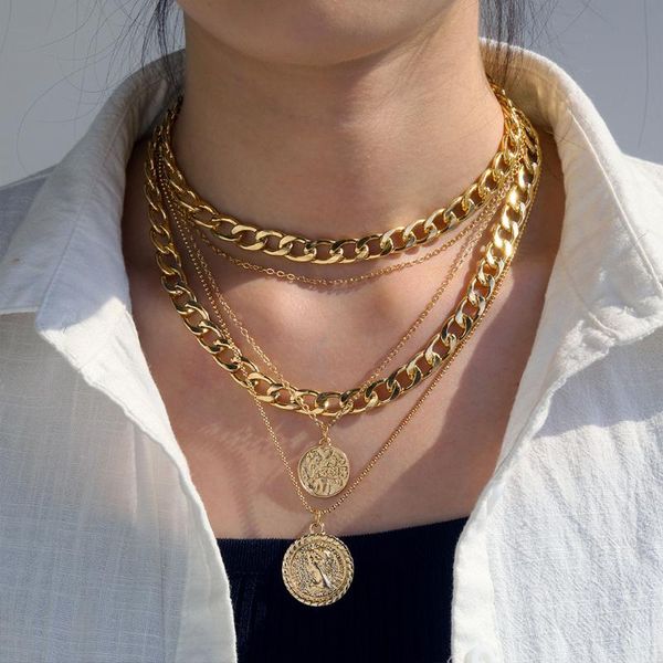 

chokers diezi multilayer hip hop choker chain necklace vintage punk carved coin pendant necklaces women ladies girls statement jewelry, Golden;silver