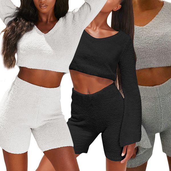 

2021 new fall winter women sets two pieces faux fur full sleeve warm short loose clothes solid color v-neck high waist casual shor gq99, White