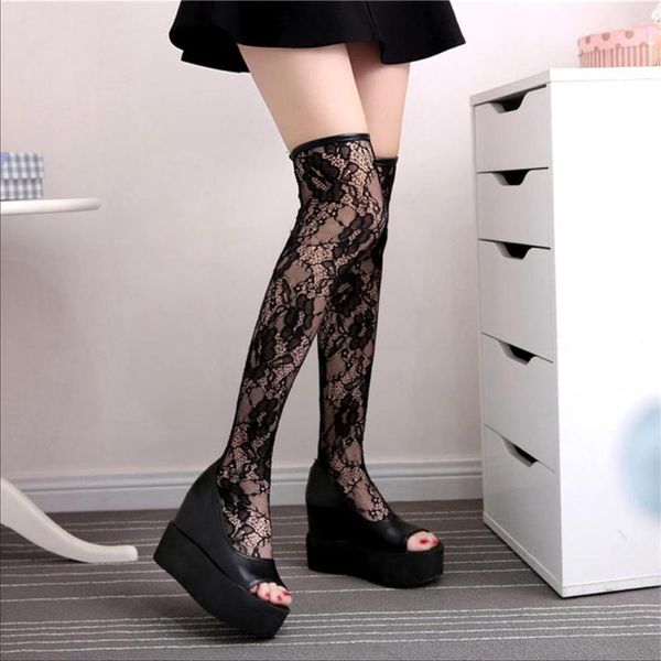 

boots 2021 fish mouth increased lace hollow knee women, Black