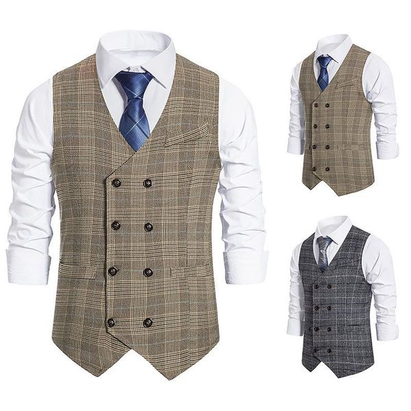 

men's vests men retro waistcoat slim-fitting blended pocket check printing v-neck autumn and winter business double-breasted suit, Black;white