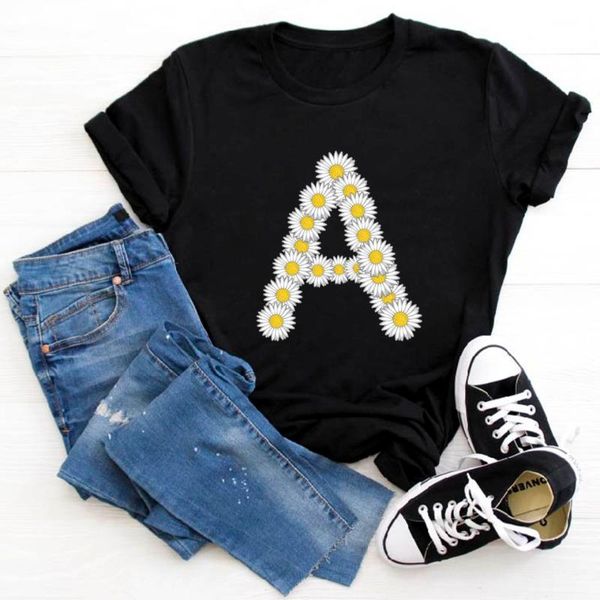 

women's t-shirt summer casual short sleeve tee 6 english alphabet daisy flower t shirt women print harajuku, White