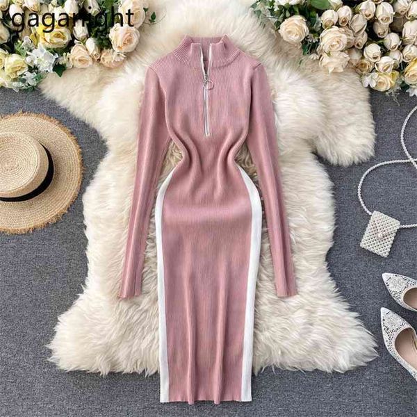 

knitted women bodycon midi dress fashion autumn winter lady bottom dresses stretchy zipper stand collar vestidos 210601, Black;gray