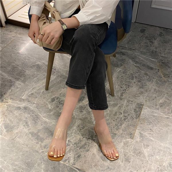 

2021 transparent full crystal heel sandals women french square toe sandals, Black