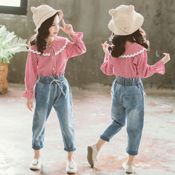 

baby in spring, big kids children's lace plaid shirt jeans set cotton girl clothes 2pcs autumn, White