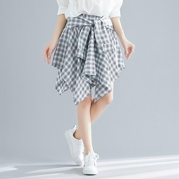 

skirts casual women plaid female lace-up a-line summer fashion vintage knee-length belt ruffles beach, Black