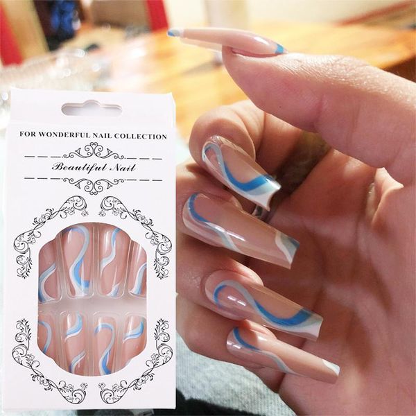 

false nails 24pcs detachable long ballerina full cover white wavy lines with design blue red wearable fake nail tips tools, Red;gold